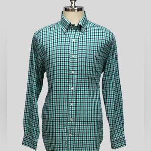 Vineyard Vines Boy’s Linen Blue and Green Small Plaid Shirt